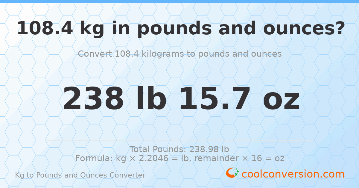 108.4 kg to lbs and oz — 108.4 kg = 238 lb 15.7 oz