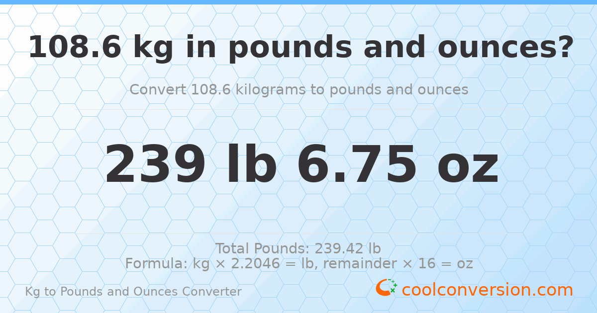 108.6 kg to lbs and oz — 108.6 kg = 239 lb 6.75 oz