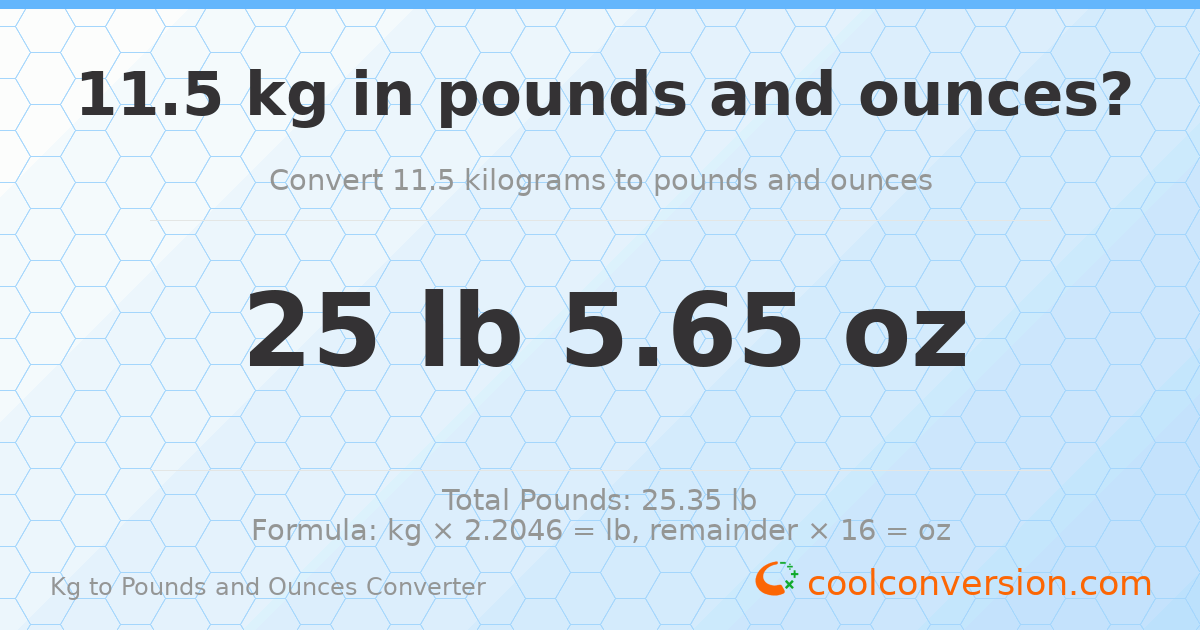 11.5 kg to lbs and oz — 11.5 kg = 25 lb 5.65 oz