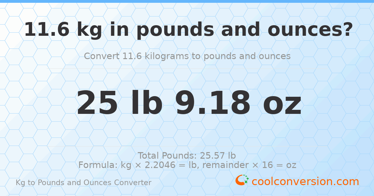 11.6 kg to lbs and oz — 11.6 kg = 25 lb 9.18 oz