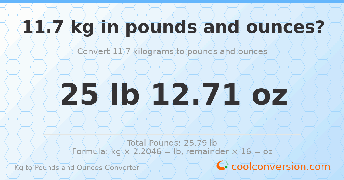 11.7 kg to lbs and oz — 11.7 kg = 25 lb 12.71 oz
