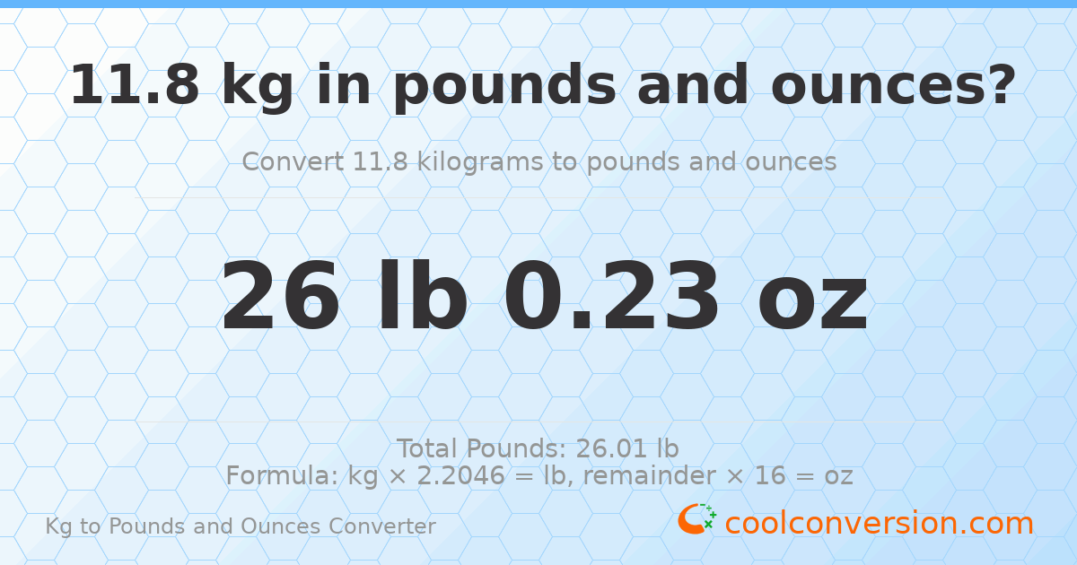 11.8 kg to lbs and oz — 11.8 kg = 26 lb 0.23 oz