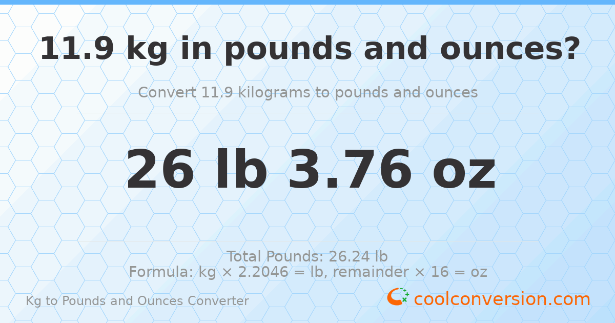 11.9 kg to lbs and oz — 11.9 kg = 26 lb 3.76 oz