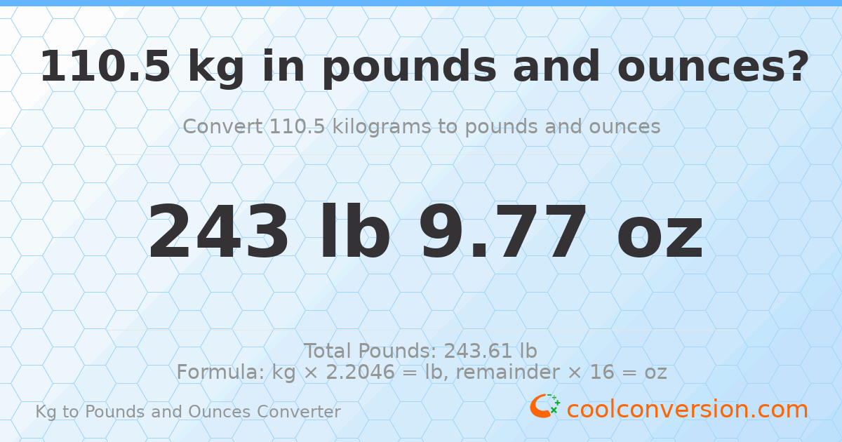 110.5 kg to lbs and oz — 110.5 kg = 243 lb 9.77 oz