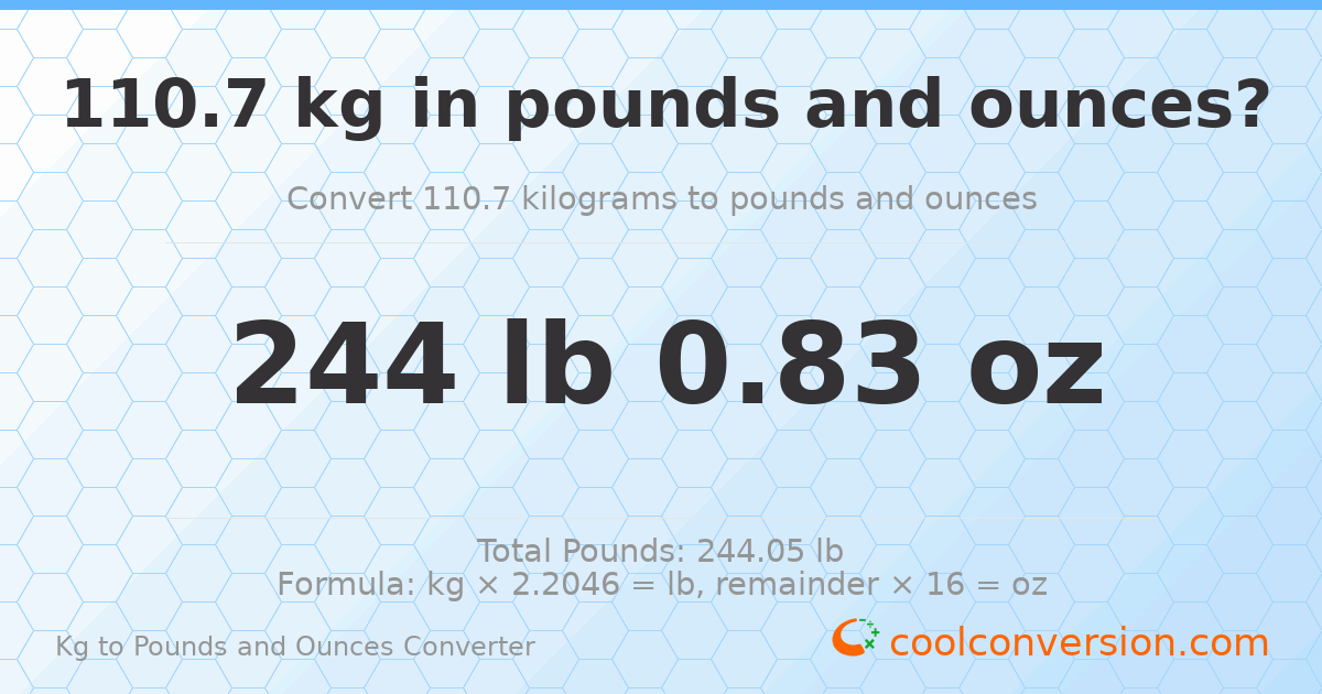 110.7 kg to lbs and oz — 110.7 kg = 244 lb 0.83 oz