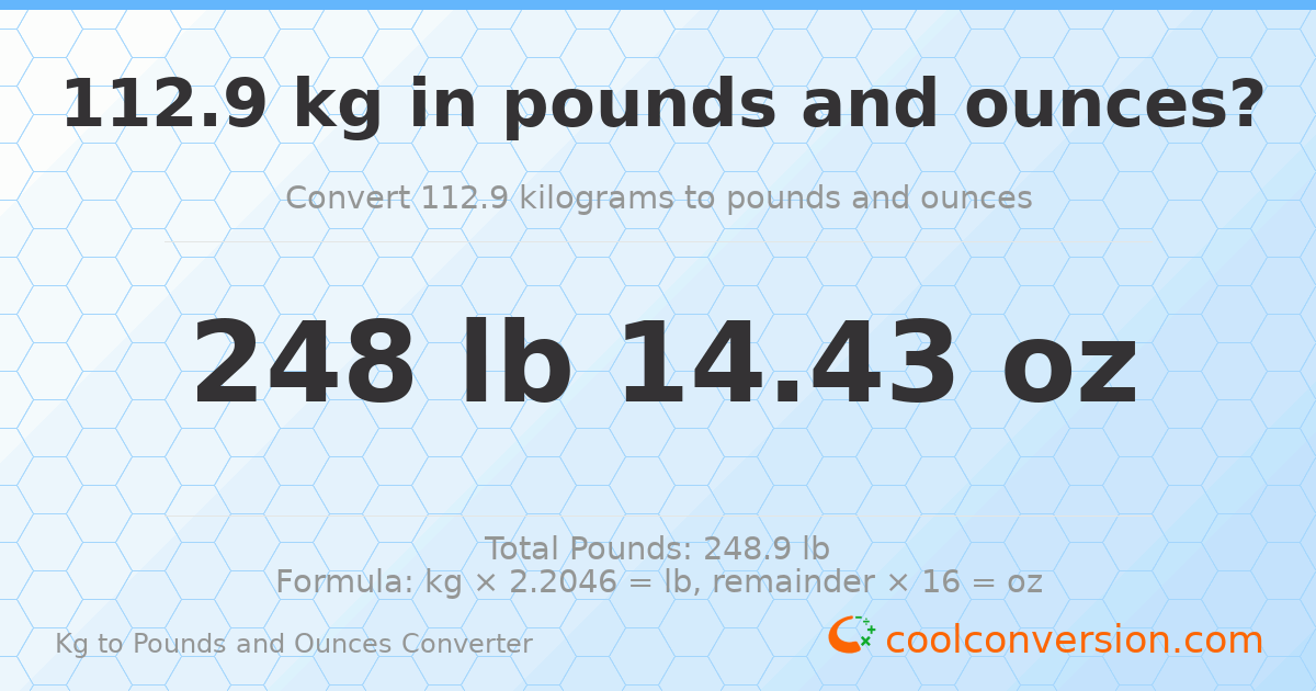 112.9 kg to lbs and oz — 112.9 kg = 248 lb 14.43 oz