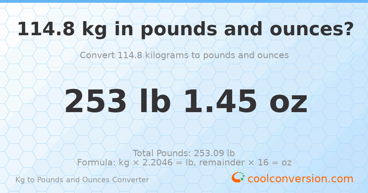 114.8 kg to lbs and oz — 114.8 kg = 253 lb 1.45 oz