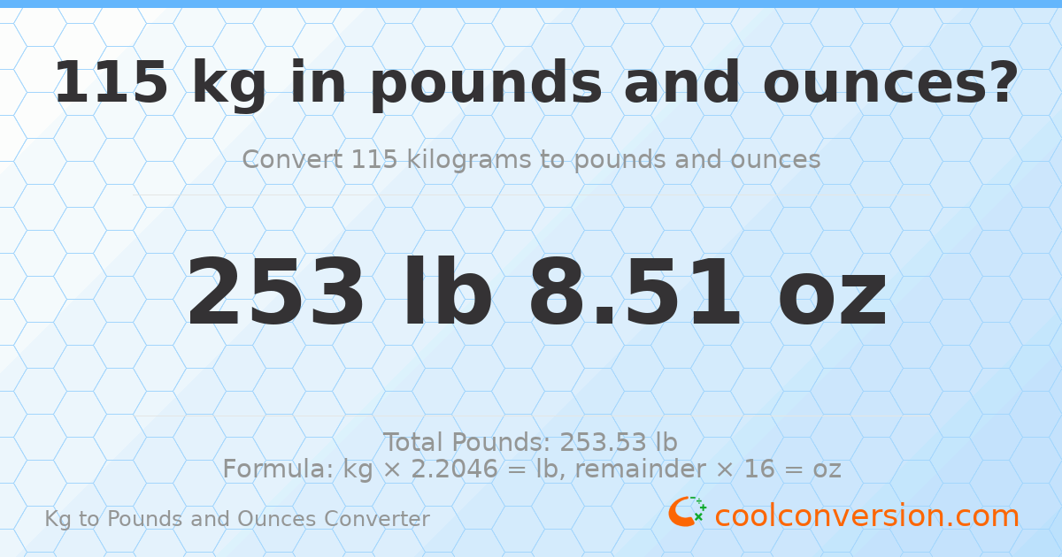 115 kg to lbs and oz — 115 kg = 253 lb 8.51 oz