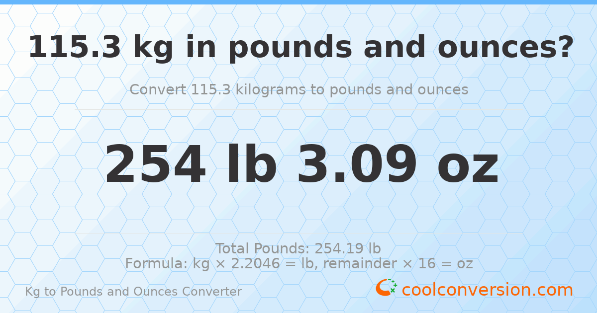 115.3 kg to lbs and oz — 115.3 kg = 254 lb 3.09 oz