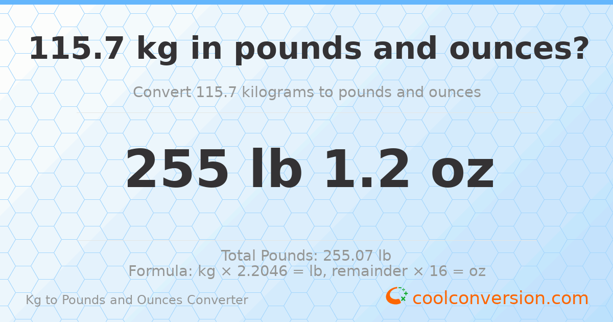 115.7 kg to lbs and oz — 115.7 kg = 255 lb 1.2 oz