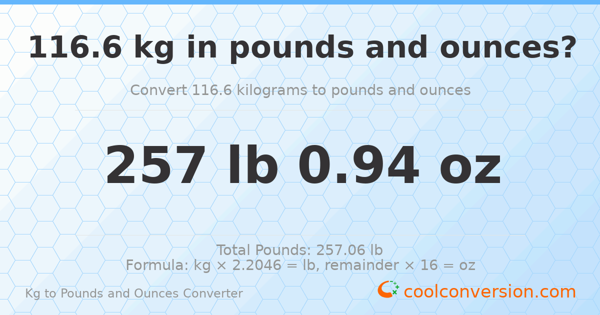 116.6 kg to lbs and oz — 116.6 kg = 257 lb 0.94 oz