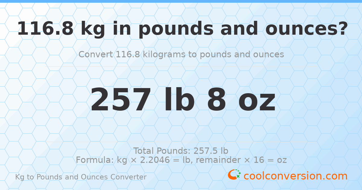 116.8 kg to lbs and oz — 116.8 kg = 257 lb 8 oz