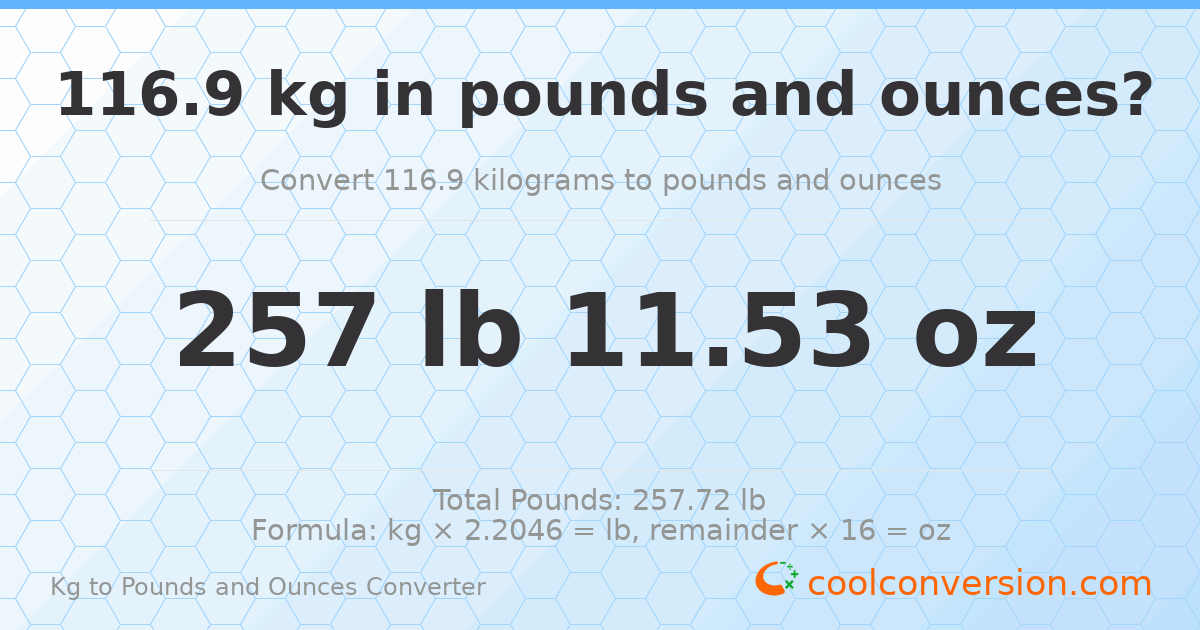 116.9 kg to lbs and oz — 116.9 kg = 257 lb 11.53 oz
