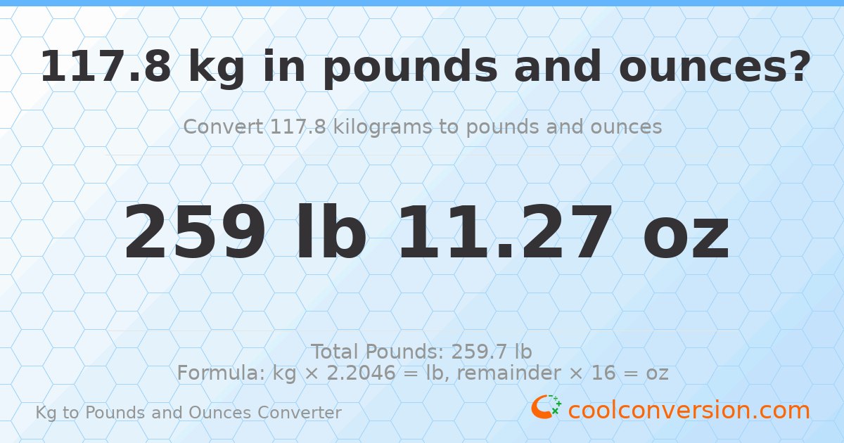 117.8 kg to lbs and oz — 117.8 kg = 259 lb 11.27 oz