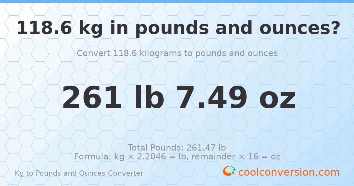 118.6 kg to lbs and oz — 118.6 kg = 261 lb 7.49 oz