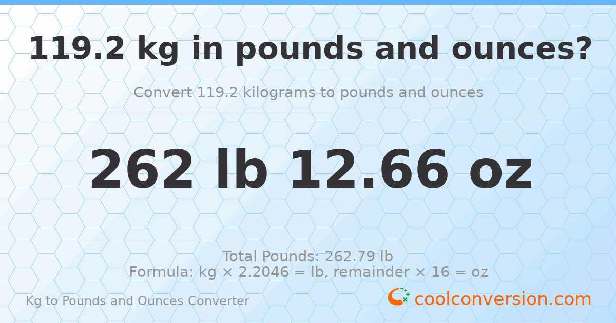 119.2 kg to lbs and oz — 119.2 kg = 262 lb 12.66 oz