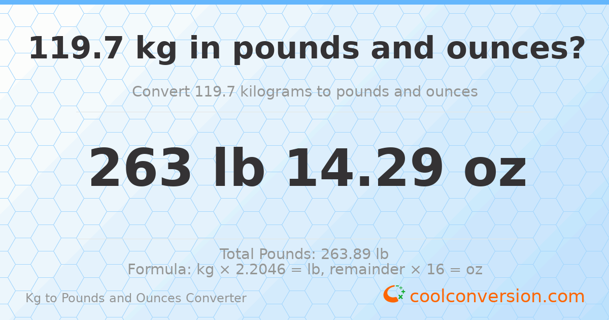 119.7 kg to lbs and oz — 119.7 kg = 263 lb 14.29 oz