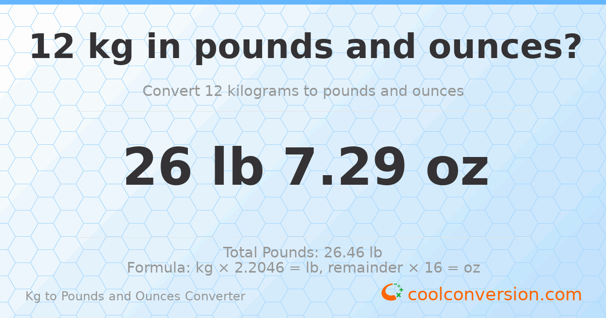 12 kg to lbs and oz — 12 kg = 26 lb 7.29 oz