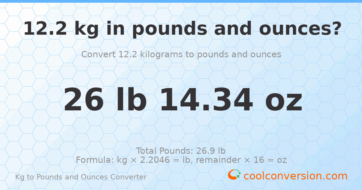 12.2 kg to lbs and oz — 12.2 kg = 26 lb 14.34 oz