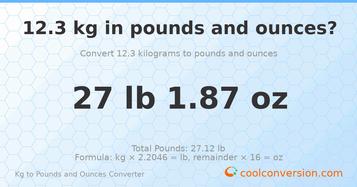 12.3 kg to lbs and oz — 12.3 kg = 27 lb 1.87 oz