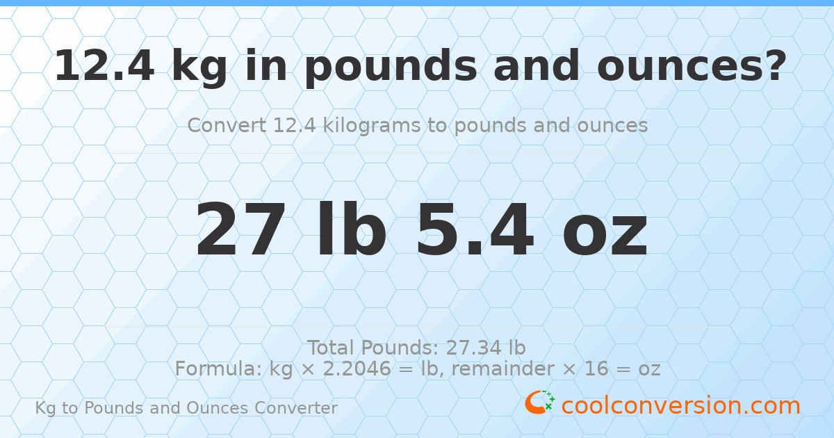 12.4 kg to lbs and oz — 12.4 kg = 27 lb 5.4 oz