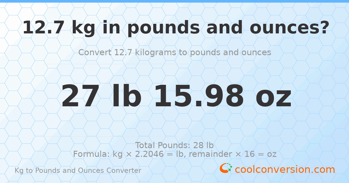 12.7 kg to lbs and oz — 12.7 kg = 27 lb 15.98 oz