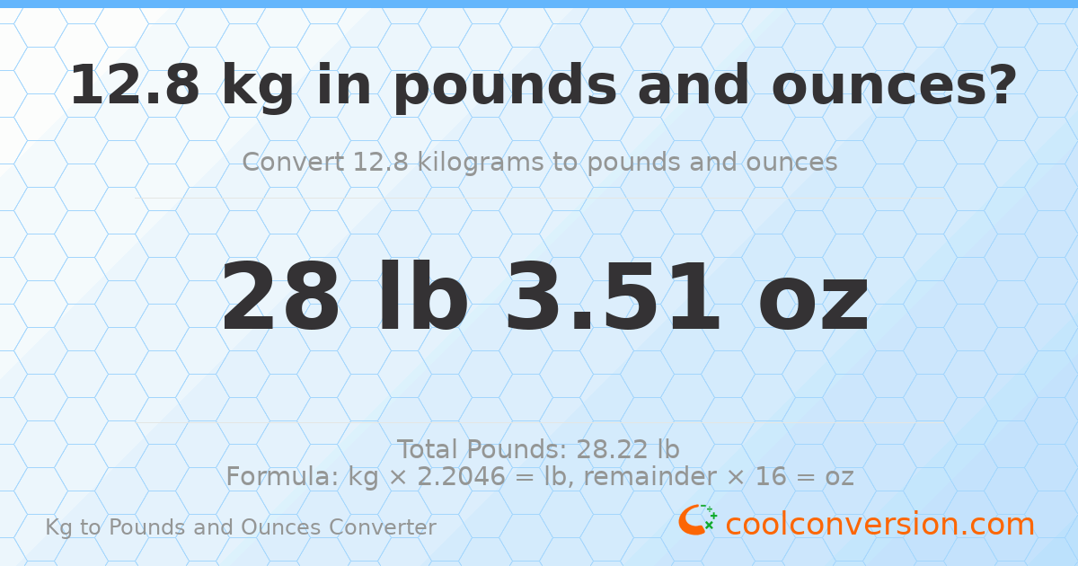 12.8 kg to lbs and oz — 12.8 kg = 28 lb 3.51 oz