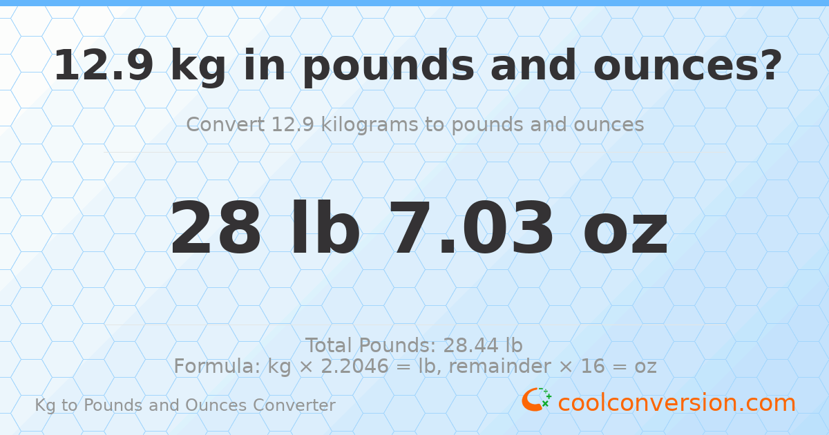 12.9 kg to lbs and oz — 12.9 kg = 28 lb 7.03 oz