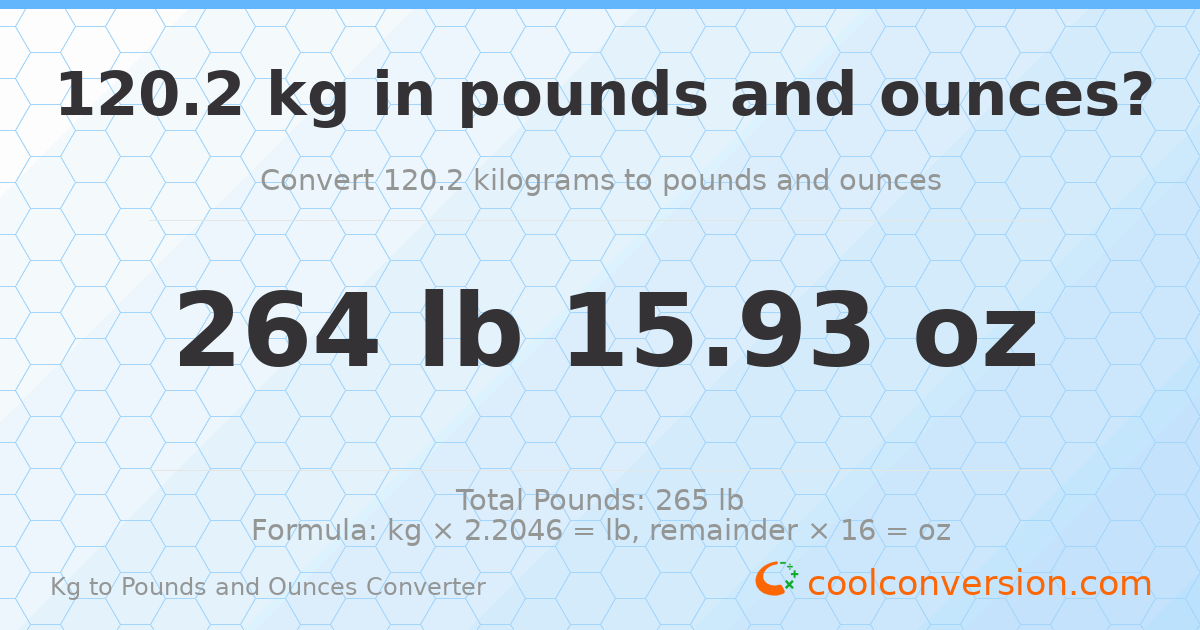 120.2 kg to lbs and oz — 120.2 kg = 264 lb 15.93 oz