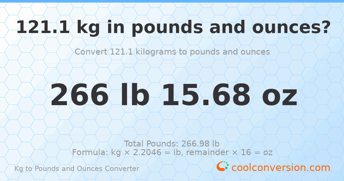 121.1 kg to lbs and oz — 121.1 kg = 266 lb 15.68 oz
