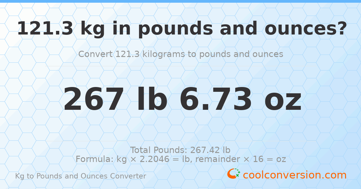 121.3 kg to lbs and oz — 121.3 kg = 267 lb 6.73 oz