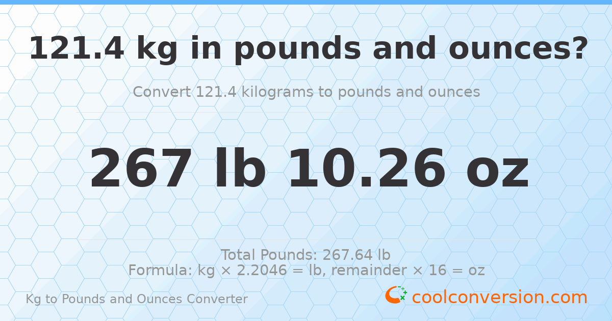 121.4 kg to lbs and oz — 121.4 kg = 267 lb 10.26 oz