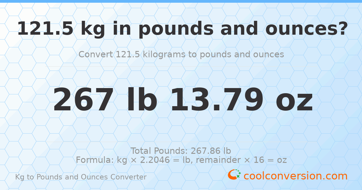 121.5 kg to lbs and oz — 121.5 kg = 267 lb 13.79 oz