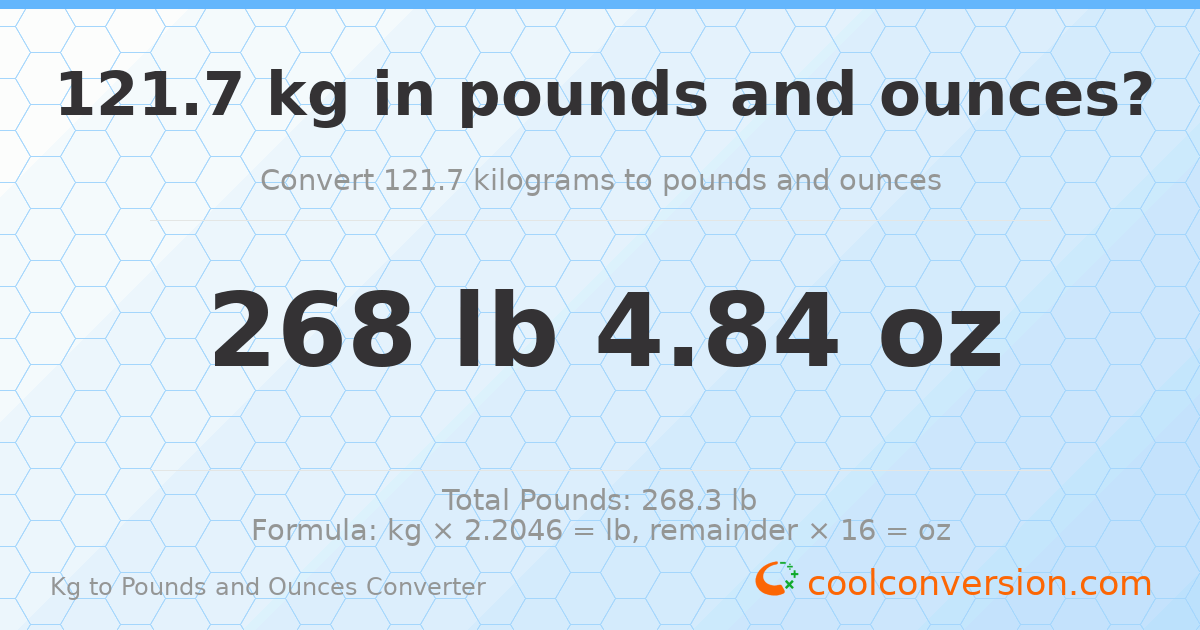 121.7 kg to lbs and oz — 121.7 kg = 268 lb 4.84 oz