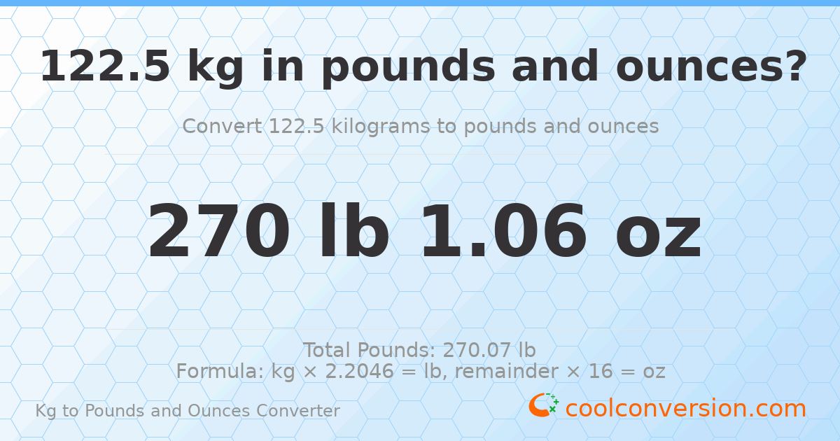 122.5 kg to lbs and oz — 122.5 kg = 270 lb 1.06 oz