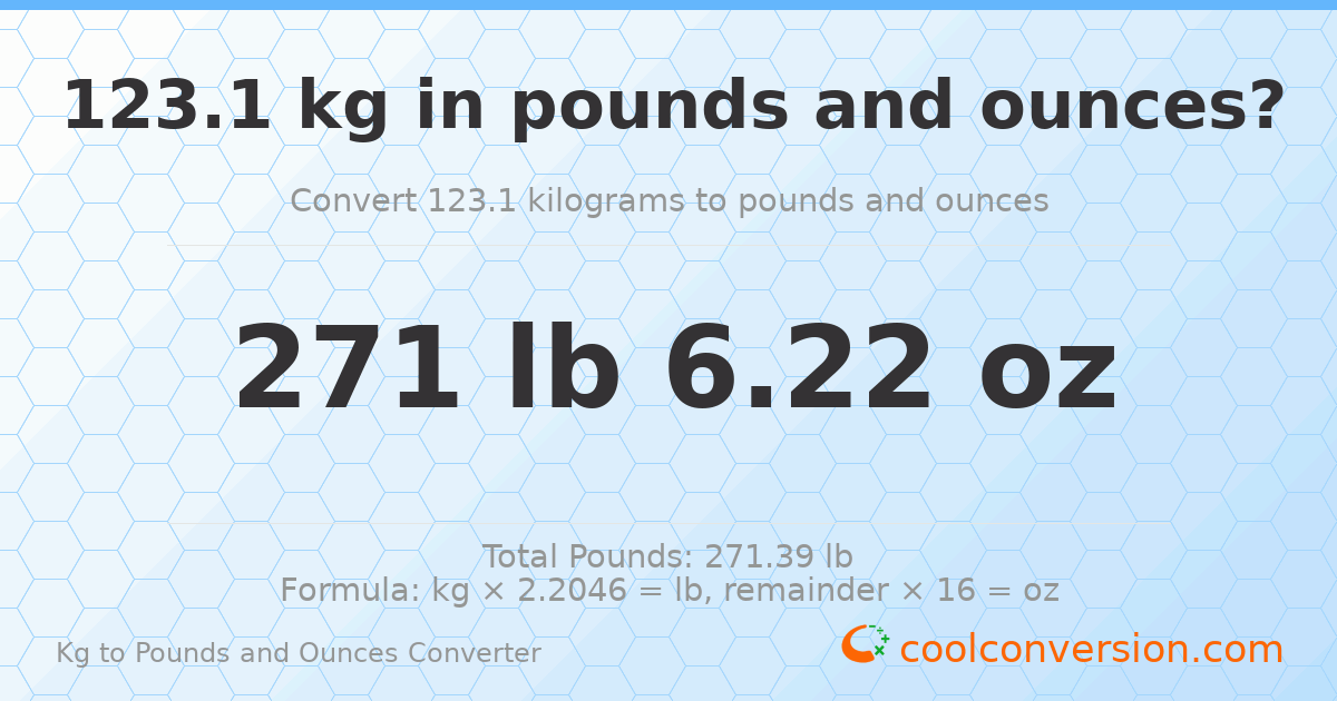 123.1 kg to lbs and oz — 123.1 kg = 271 lb 6.22 oz