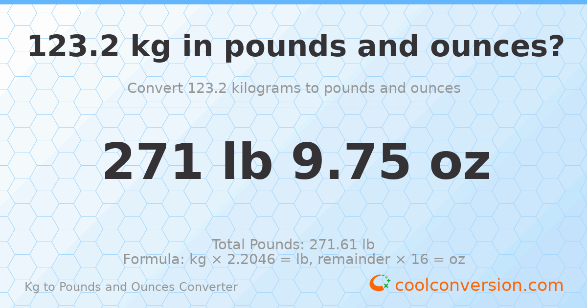 123.2 kg to lbs and oz — 123.2 kg = 271 lb 9.75 oz