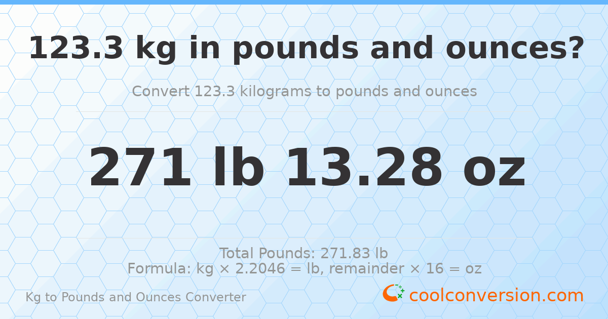 123.3 kg to lbs and oz — 123.3 kg = 271 lb 13.28 oz