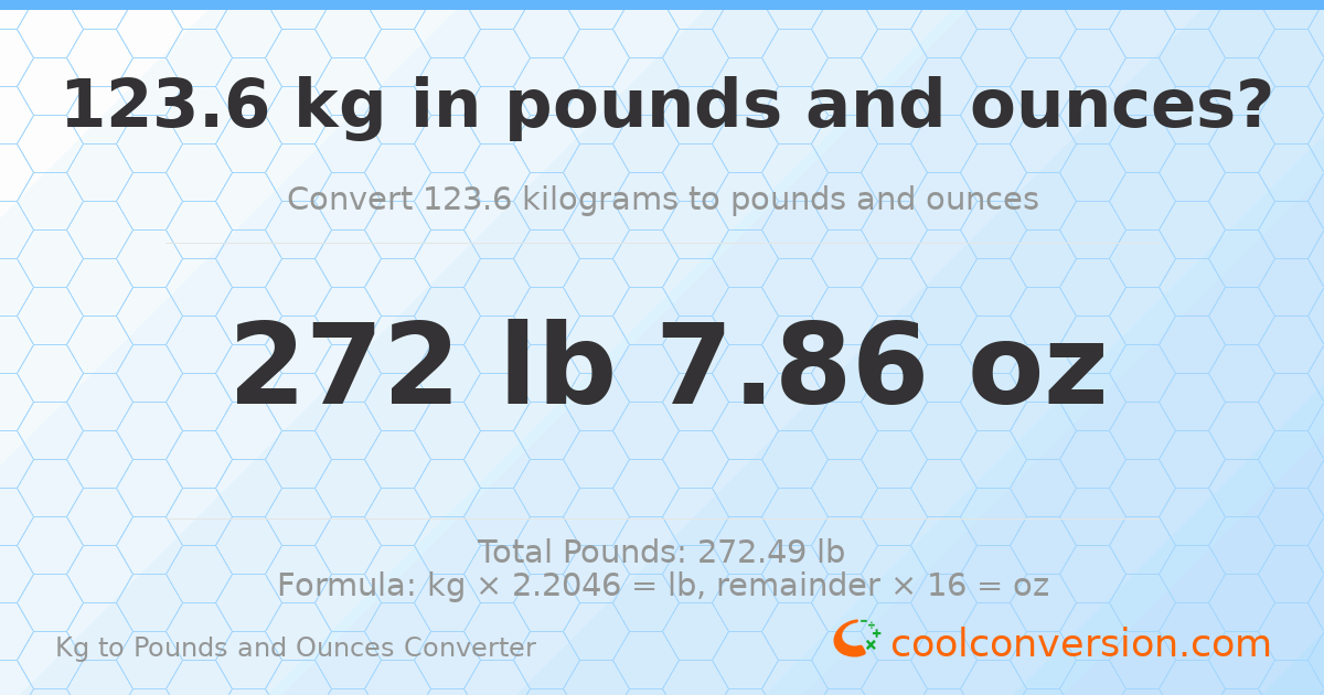 123.6 kg to lbs and oz — 123.6 kg = 272 lb 7.86 oz
