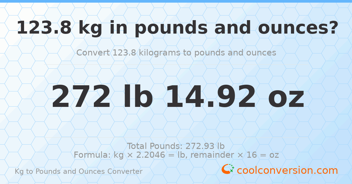 123.8 kg to lbs and oz — 123.8 kg = 272 lb 14.92 oz