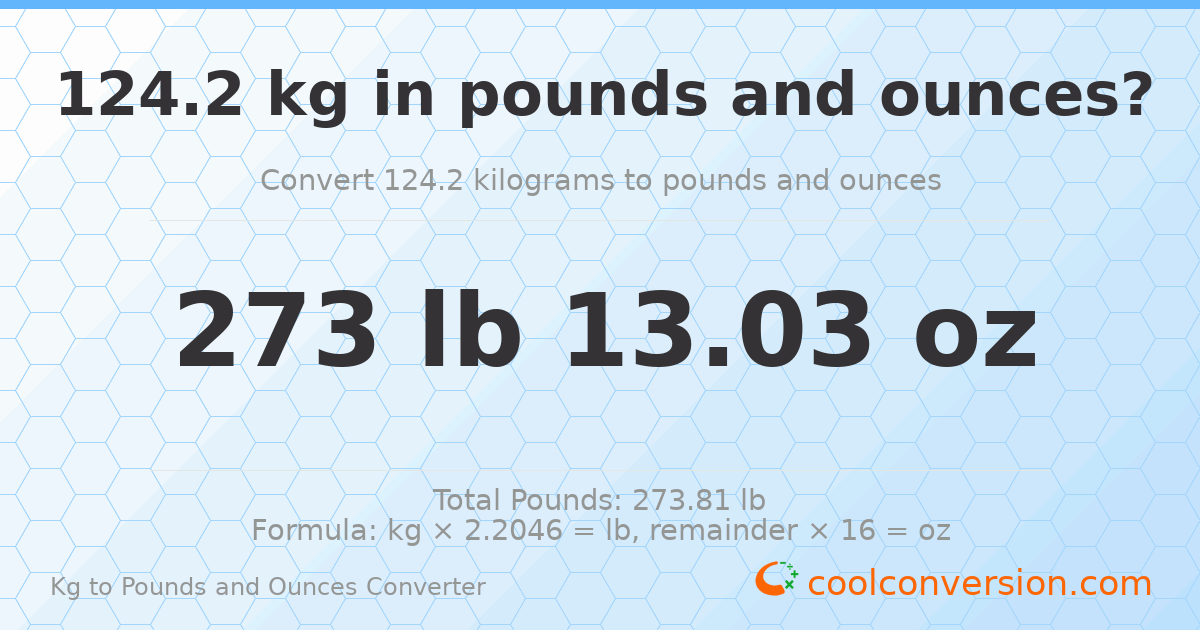 124.2 kg to lbs and oz — 124.2 kg = 273 lb 13.03 oz