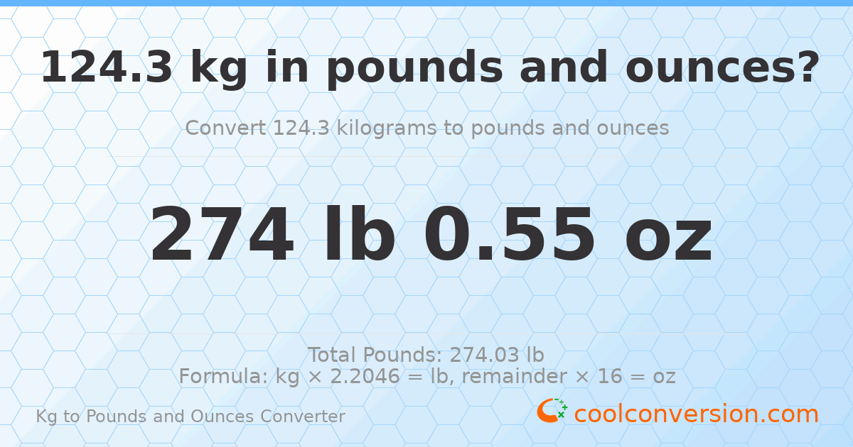 124.3 kg to lbs and oz — 124.3 kg = 274 lb 0.55 oz