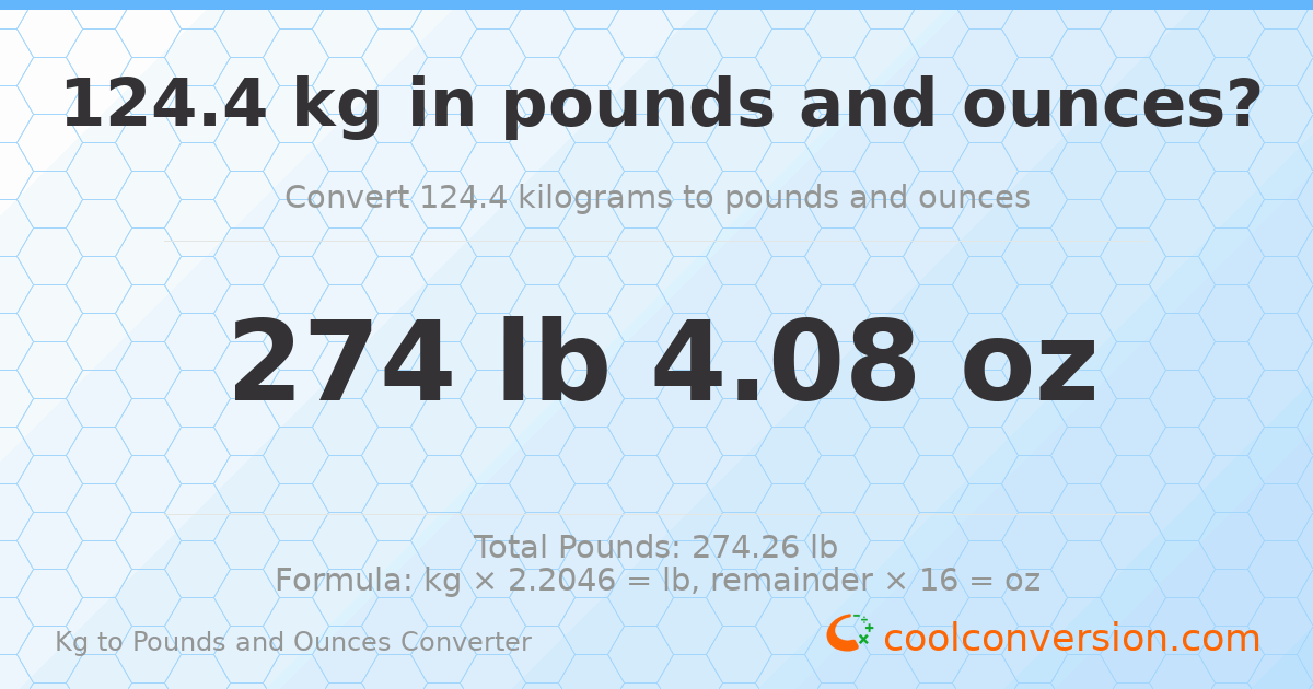 124.4 kg to lbs and oz — 124.4 kg = 274 lb 4.08 oz