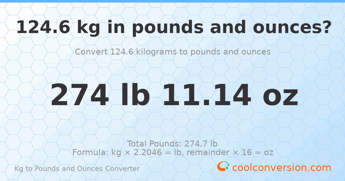 124.6 kg to lbs and oz — 124.6 kg = 274 lb 11.14 oz