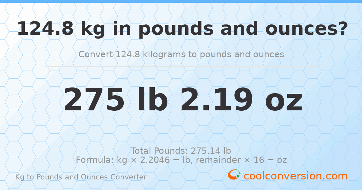 124.8 kg to lbs and oz — 124.8 kg = 275 lb 2.19 oz