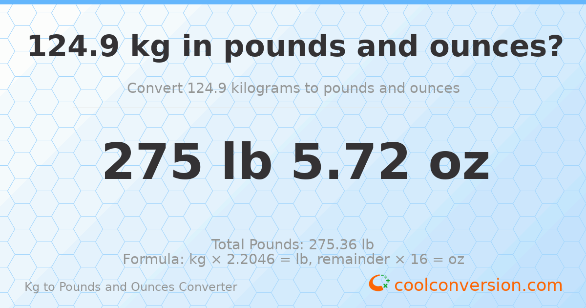 124.9 kg to lbs and oz — 124.9 kg = 275 lb 5.72 oz
