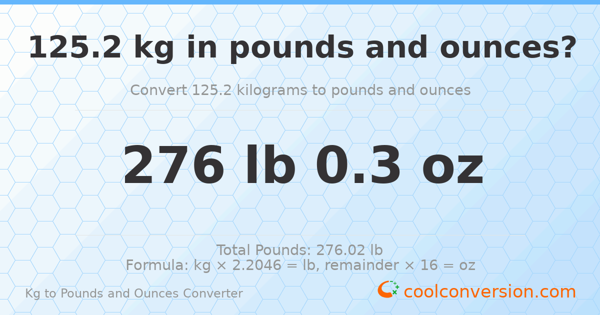125.2 kg to lbs and oz — 125.2 kg = 276 lb 0.3 oz