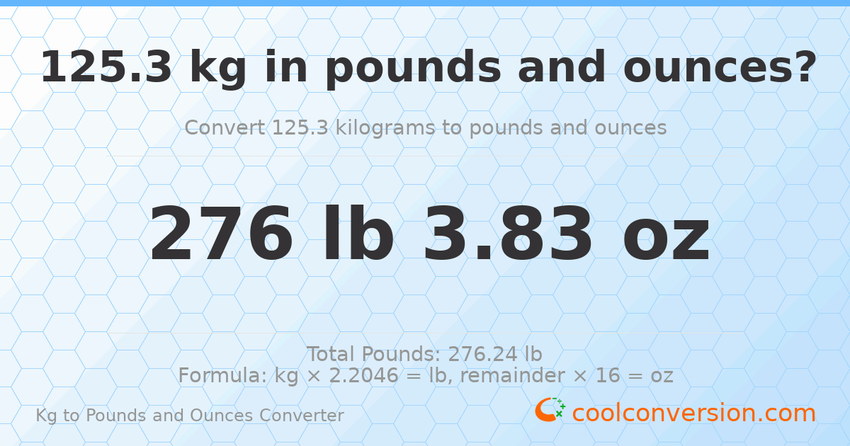 125.3 kg to lbs and oz — 125.3 kg = 276 lb 3.83 oz