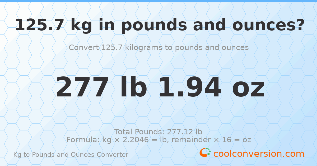 125.7 kg to lbs and oz — 125.7 kg = 277 lb 1.94 oz