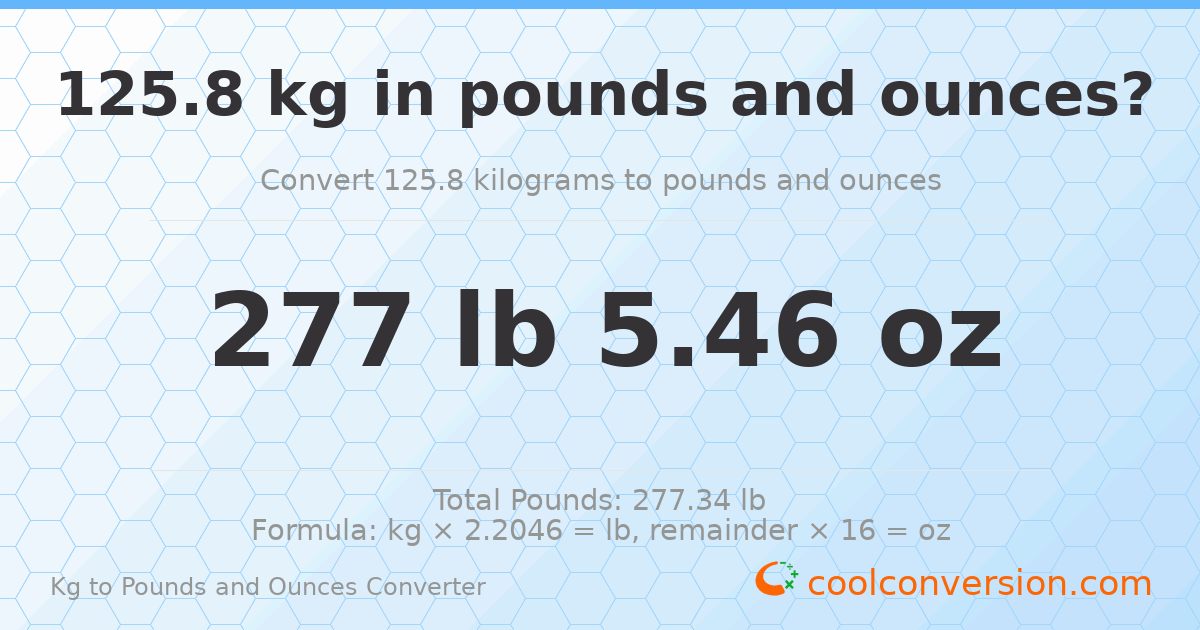 125.8 kg to lbs and oz — 125.8 kg = 277 lb 5.46 oz